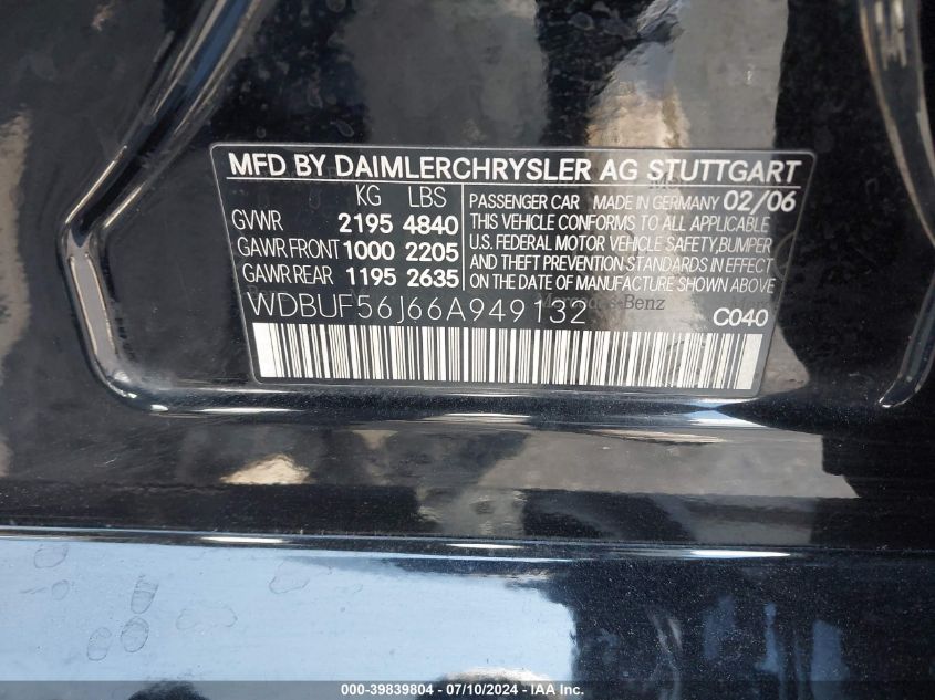 2006 Mercedes-Benz E 350 350 VIN: WDBUF56J66A949132 Lot: 39839804