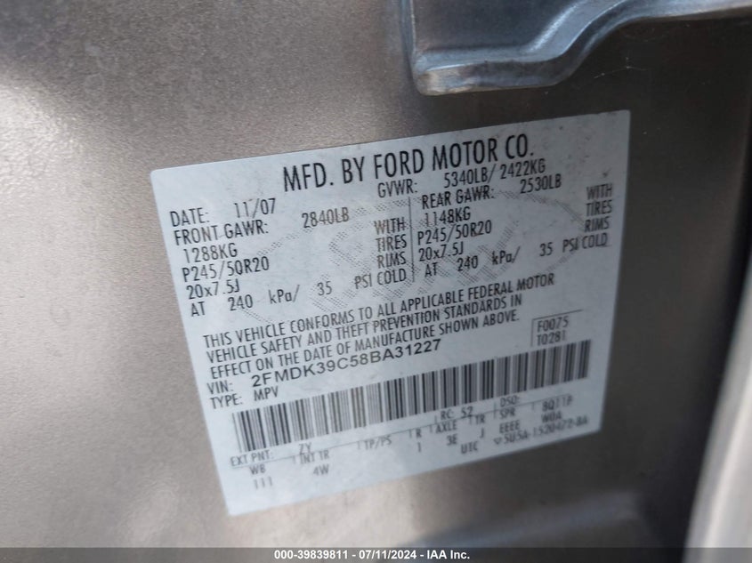 2008 Ford Edge Limited VIN: 2FMDK39C58BA31227 Lot: 39839811