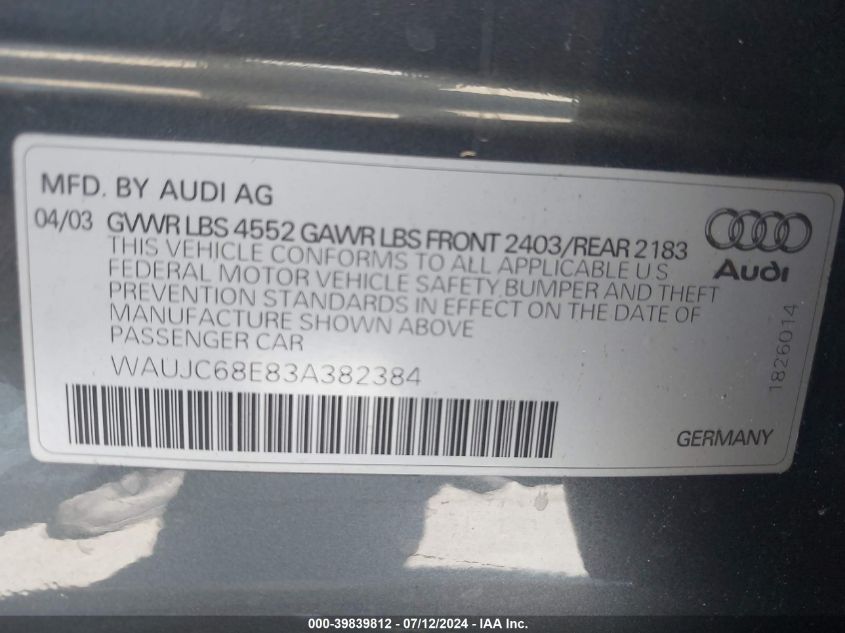2003 Audi A4 1.8T VIN: WAUJC68E83A382384 Lot: 39839812