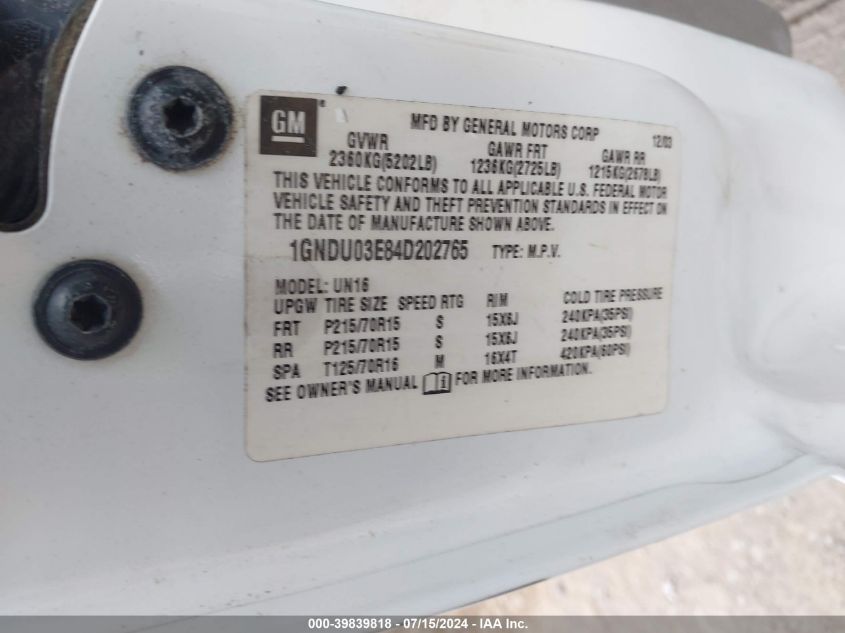 2004 Chevrolet Venture Plus VIN: 1GNDU03E84D202765 Lot: 39839818