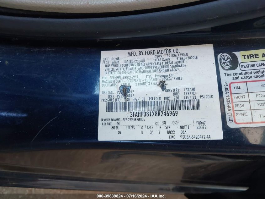 2008 Ford Fusion Sel VIN: 3FAHP081X8R246969 Lot: 39839824