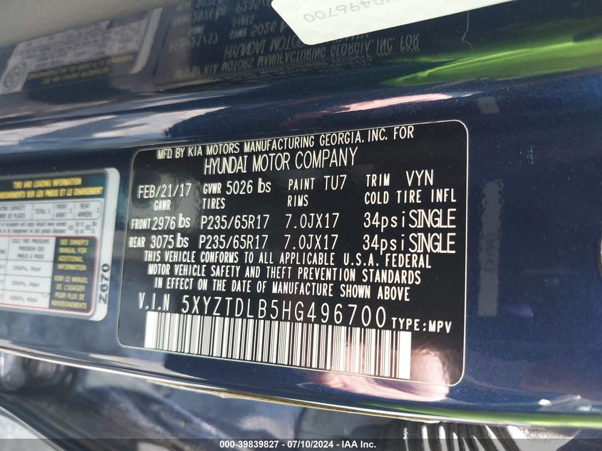 2017 Hyundai Santa Fe Sport 2.4L VIN: 5XYZTDLB5HG496700 Lot: 39839827