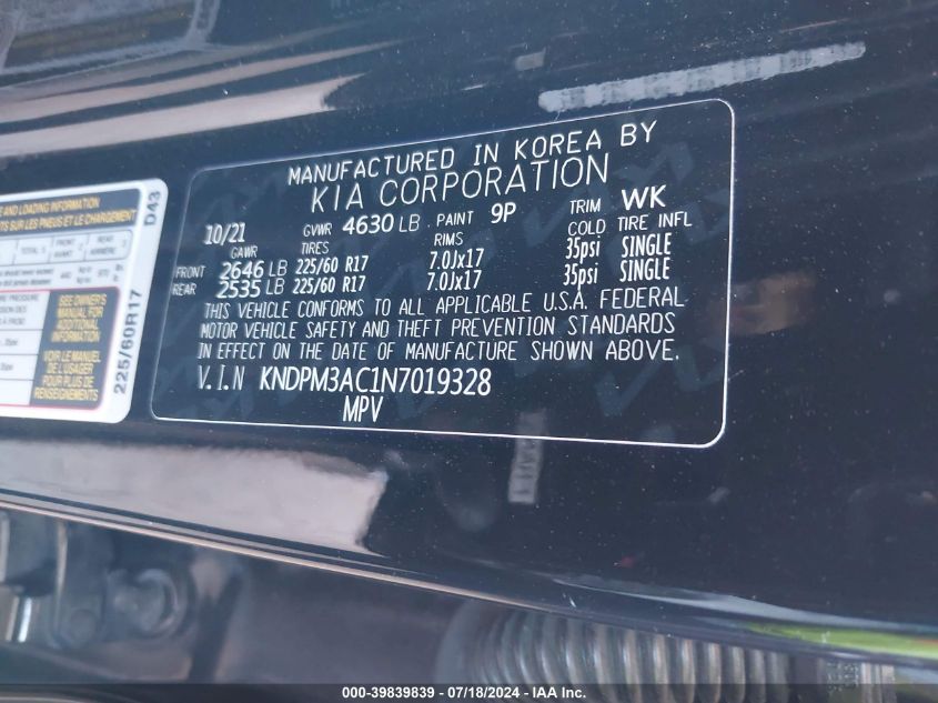 2022 Kia Sportage Lx VIN: KNDPM3AC1N7019328 Lot: 39839839