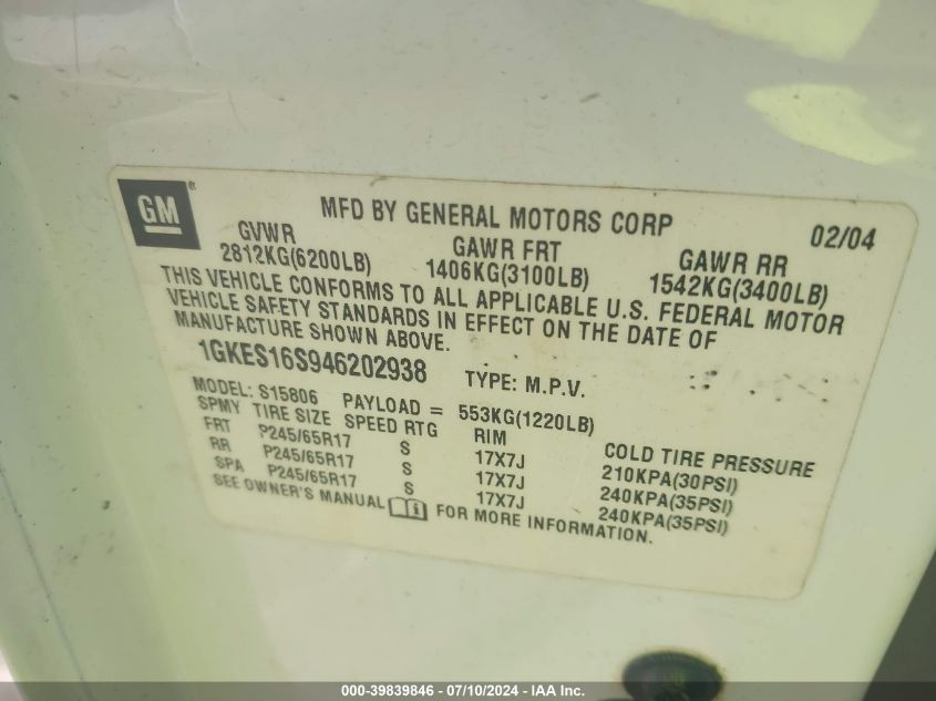 2006 GMC Envoy Sle VIN: 1GKDS13S162291091 Lot: 39839846