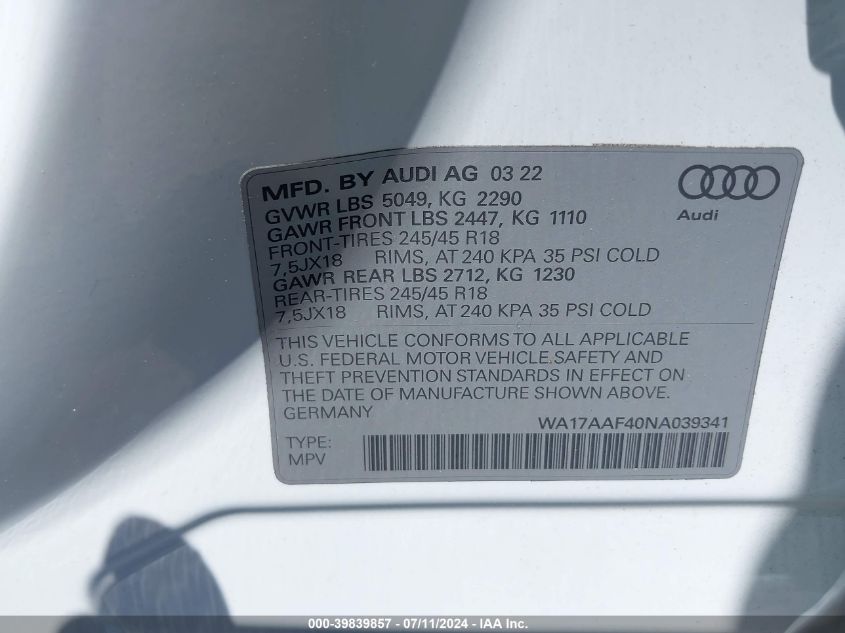 WA17AAF40NA039341 2022 Audi A4 Allroad Premium 45 Tfsi Quattro S Tronic