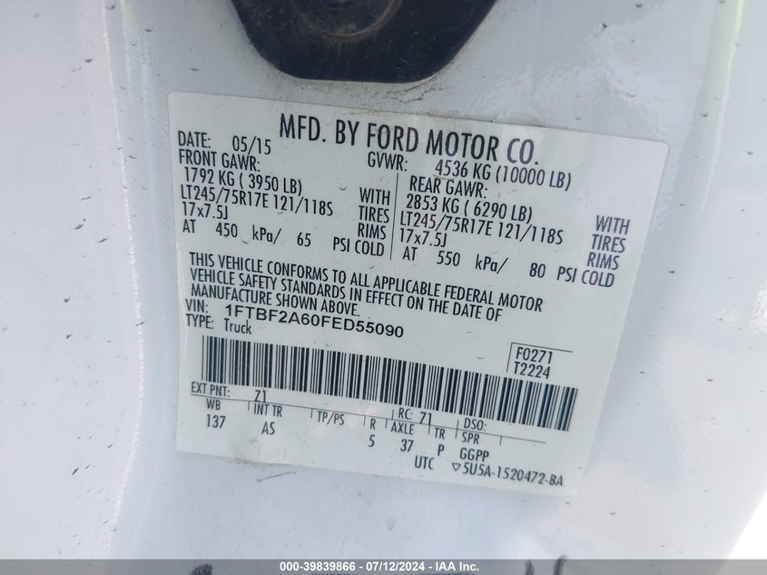 2015 Ford F-250 Xl VIN: 1FTBF2A60FED55090 Lot: 39839866