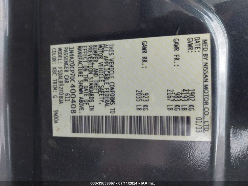 2013 Nissan Leaf S VIN: 1N4AZ0CP7DC400408 Lot: 39839867