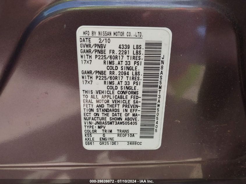 2010 Nissan Rogue Sl VIN: JN8AS5MT3AW505405 Lot: 39839872