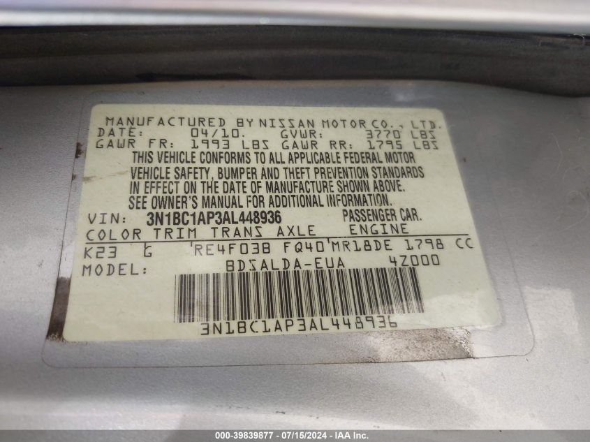 2010 Nissan Versa 1.8S VIN: 3N1BC1AP3AL448936 Lot: 39839877