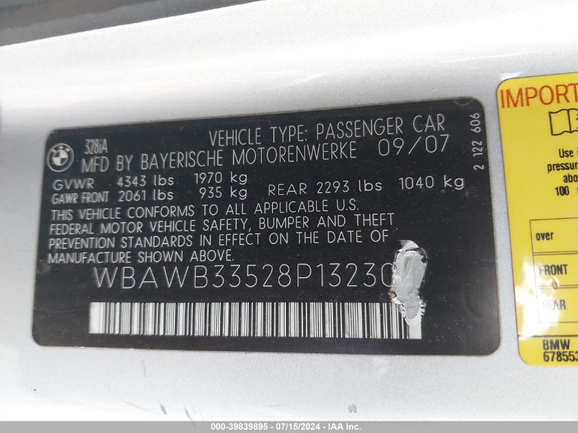 2008 BMW 328I VIN: WBAWB33528P132304 Lot: 39839895