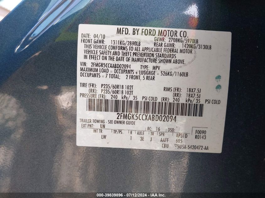 2010 Ford Flex Sel VIN: 2FMGK5CCXABD02094 Lot: 39839896