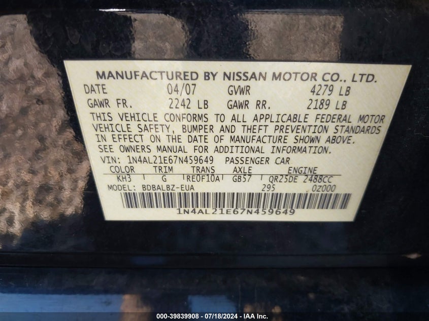 2007 Nissan Altima 2.5 S VIN: 1N4AL21E67N459649 Lot: 39839908
