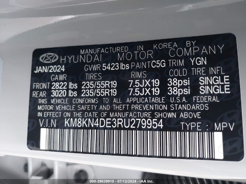 2024 Hyundai Ioniq 5 Sel VIN: KM8KN4DE3RU279954 Lot: 39839910