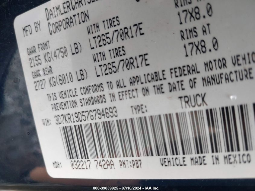 2007 Dodge Ram 1500 Slt VIN: 3D7KR19D57G794693 Lot: 39839925