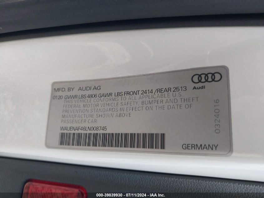 2020 Audi A4 Premium Plus 45 Tfsi Quattro S Tronic VIN: WAUENAF46LN008745 Lot: 39839930