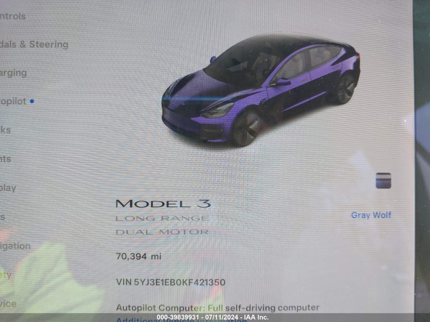 VIN 5YJ3E1EB0KF421350 2019 TESLA MODEL 3