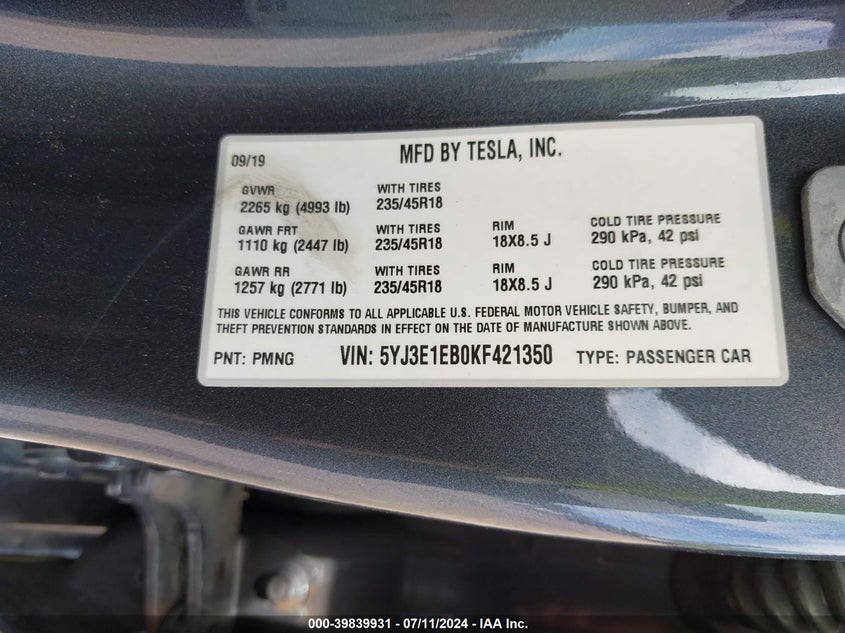 VIN 5YJ3E1EB0KF421350 2019 TESLA MODEL 3