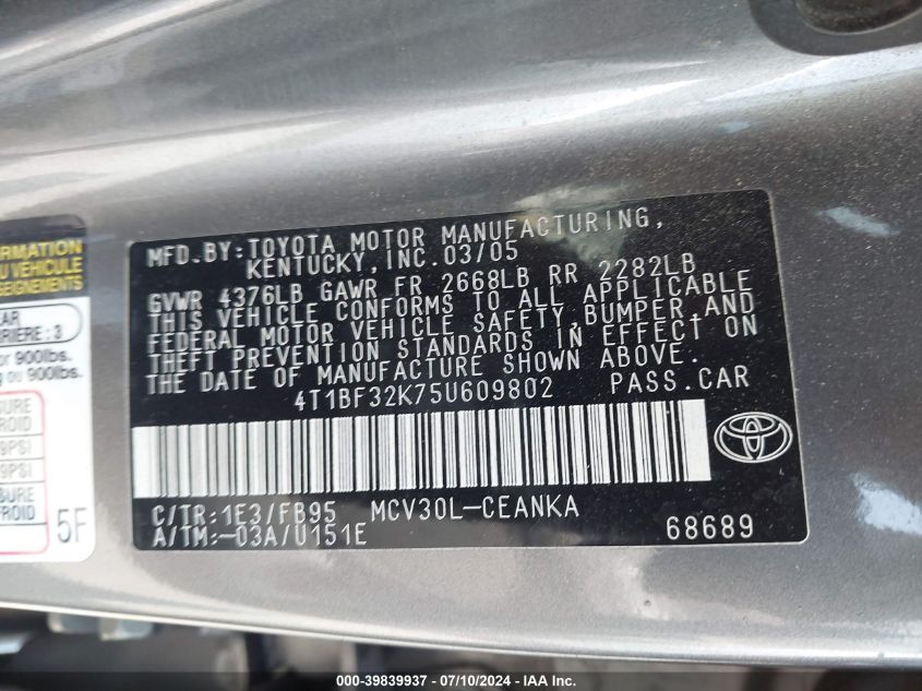 2005 Toyota Camry Le V6 VIN: 4T1BF32K75U609802 Lot: 39839937