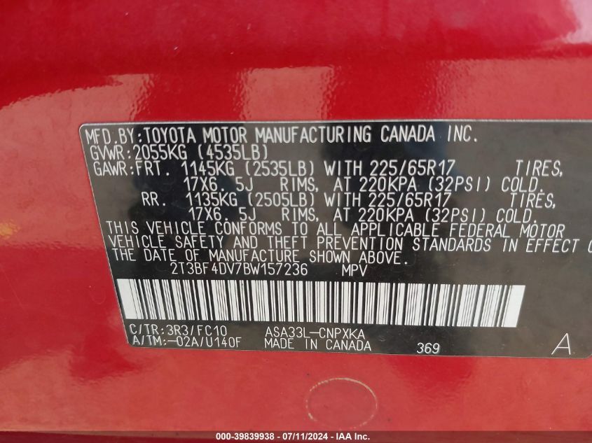 2011 Toyota Rav4 VIN: 2T3BF4DV7BW157236 Lot: 39839938