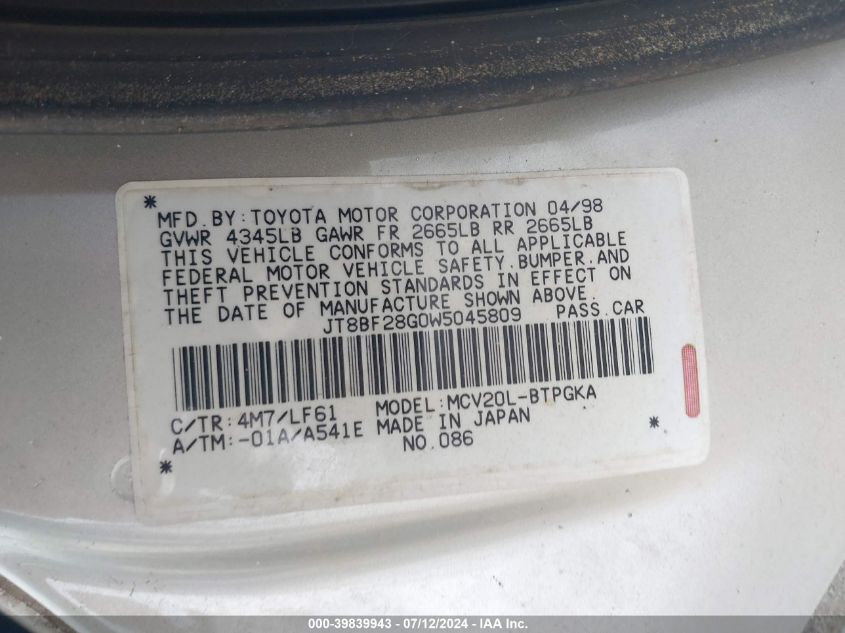 1998 Lexus Es 300 300 VIN: JT8BF28G0W5045809 Lot: 39839943