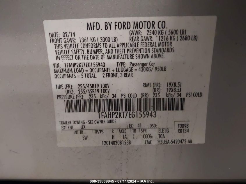 2014 Ford Taurus Sho VIN: 1FAHP2KT7EG155943 Lot: 39839945