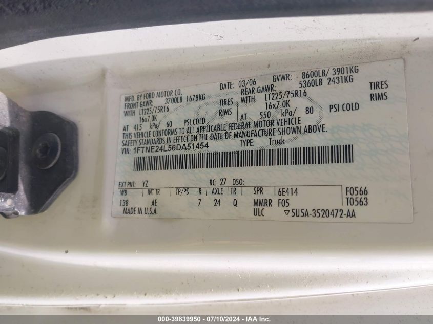 2006 Ford E-250 Commercial/Recreational VIN: 1FTNE24L56DA51454 Lot: 39839950