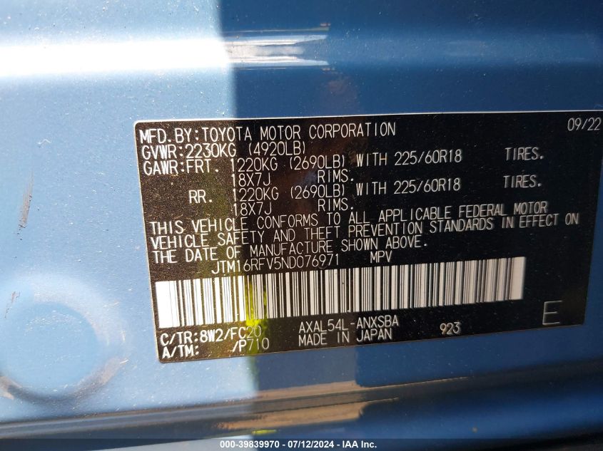 2022 Toyota Rav4 Se VIN: JTM16RFV5ND076971 Lot: 39839970
