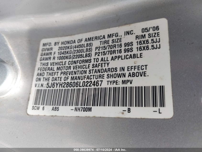 2006 Honda Element Ex VIN: 5J6YH28606L022467 Lot: 39839974