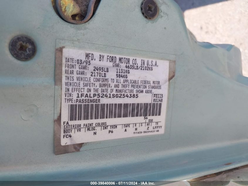 1995 Ford Taurus Gl/Se VIN: 1FALP5241SG254385 Lot: 39840006