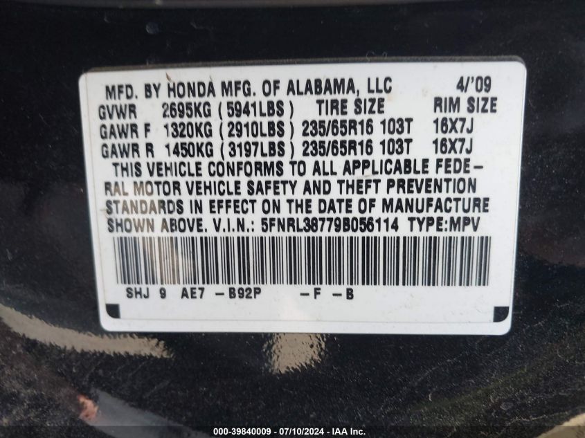 2009 Honda Odyssey Ex-L VIN: 5FNRL38779B056114 Lot: 39840009