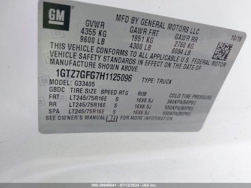 1GTZ7GFG7H1125096 2017 GMC Savana 3500 Work Van