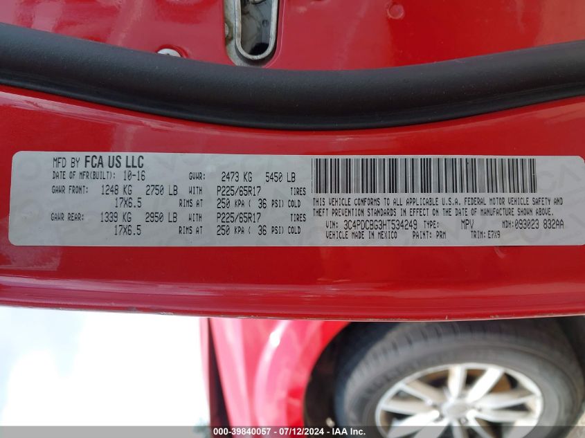 2017 Dodge Journey Sxt VIN: 3C4PDCBG3HT534249 Lot: 39840057