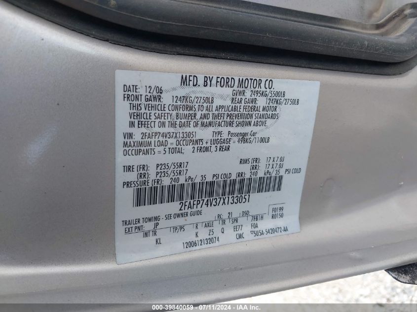 2007 Ford Crown Victoria Lx VIN: 2FAFP74V37X133051 Lot: 39840059