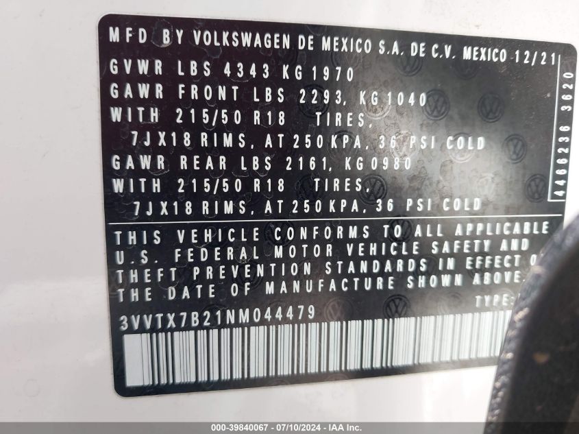 2022 Volkswagen Taos 1.5T Se VIN: 3VVTX7B21NM044479 Lot: 39840067