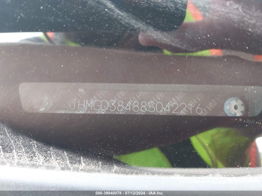 2008 Honda Fit VIN: JHMGD38488S042216 Lot: 39840078
