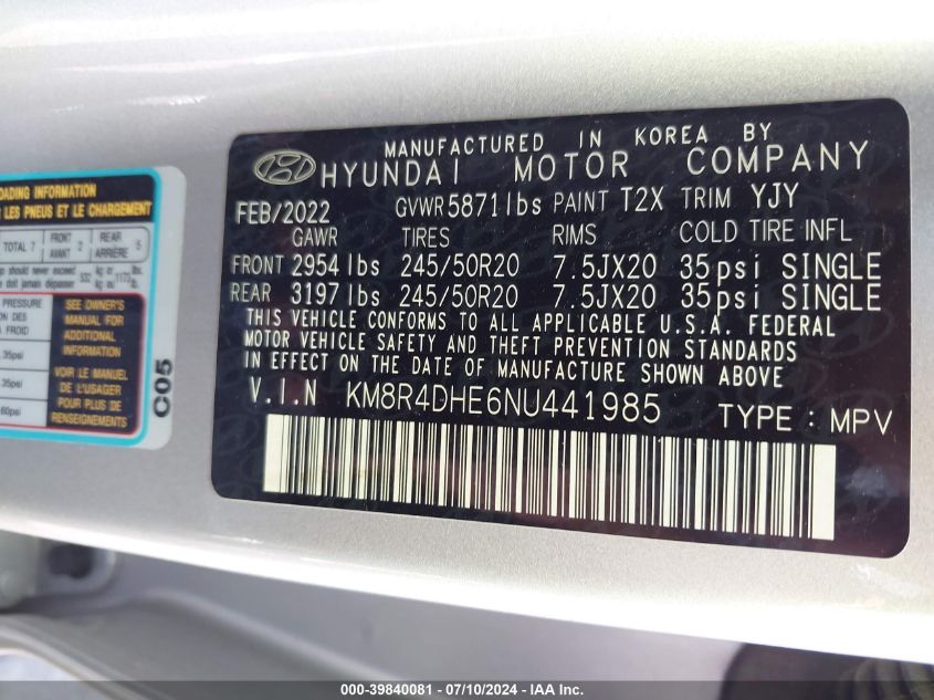 2022 Hyundai Palisade Sel VIN: KM8R4DHE6NU441985 Lot: 39840081