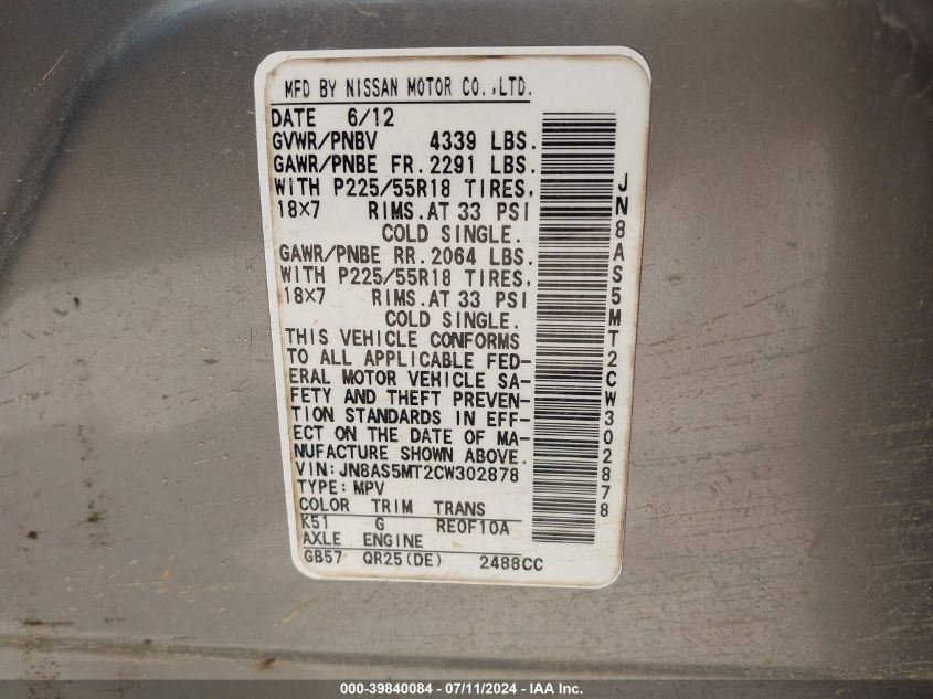 2012 Nissan Rogue Sv W/Sl Pkg VIN: JN8AS5MT2CW302878 Lot: 39840084