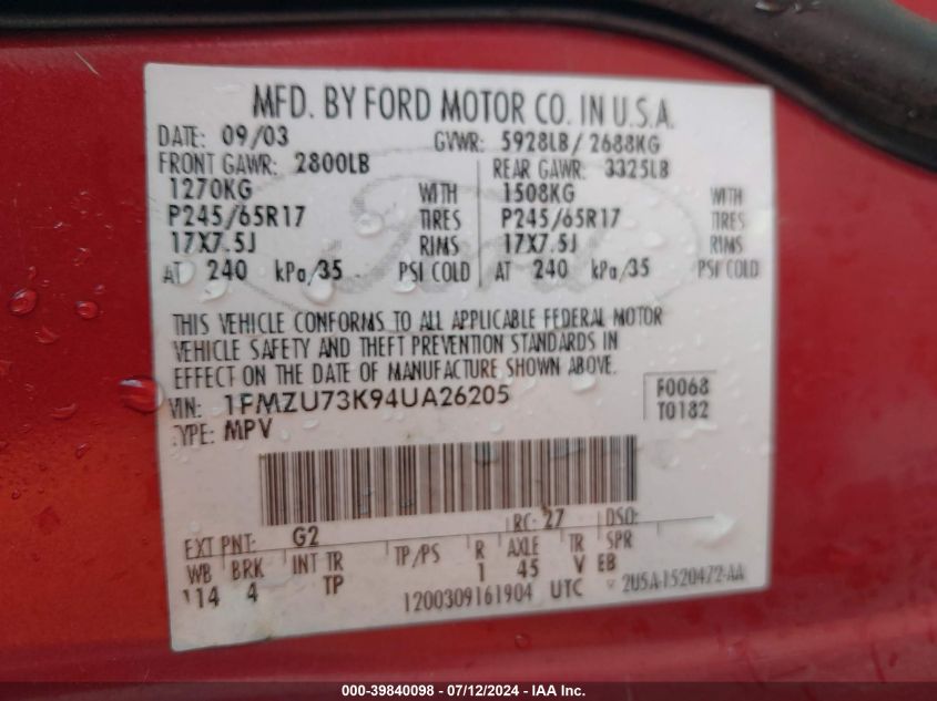 2004 Ford Explorer Nbx/Xlt VIN: 1FMZU73K94UA26205 Lot: 39840098