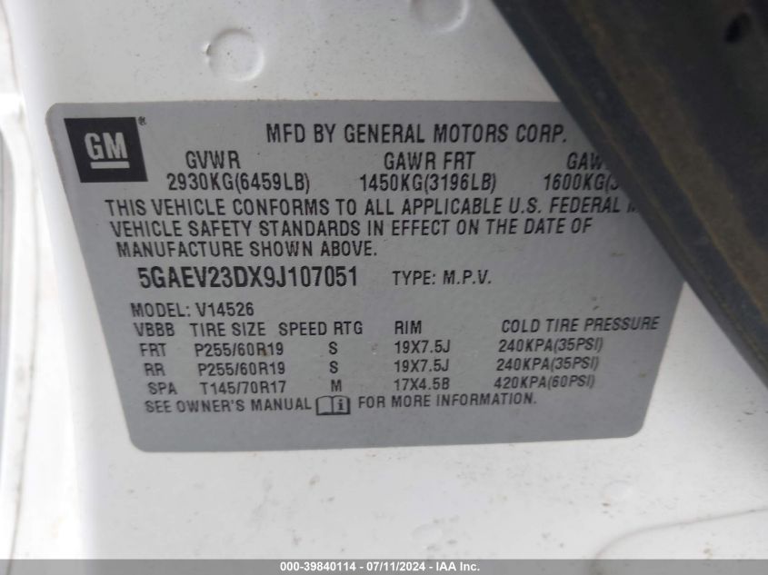 2009 Buick Enclave Cxl VIN: 5GAEV23DX9J107051 Lot: 39840114