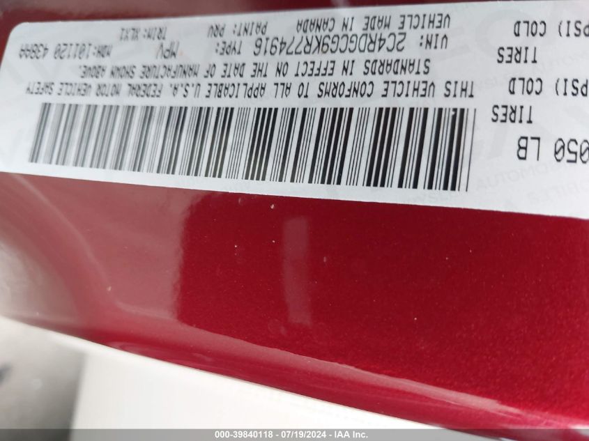 2019 Dodge Grand Caravan Sxt VIN: 2C4RDGCG9KR774916 Lot: 39840118