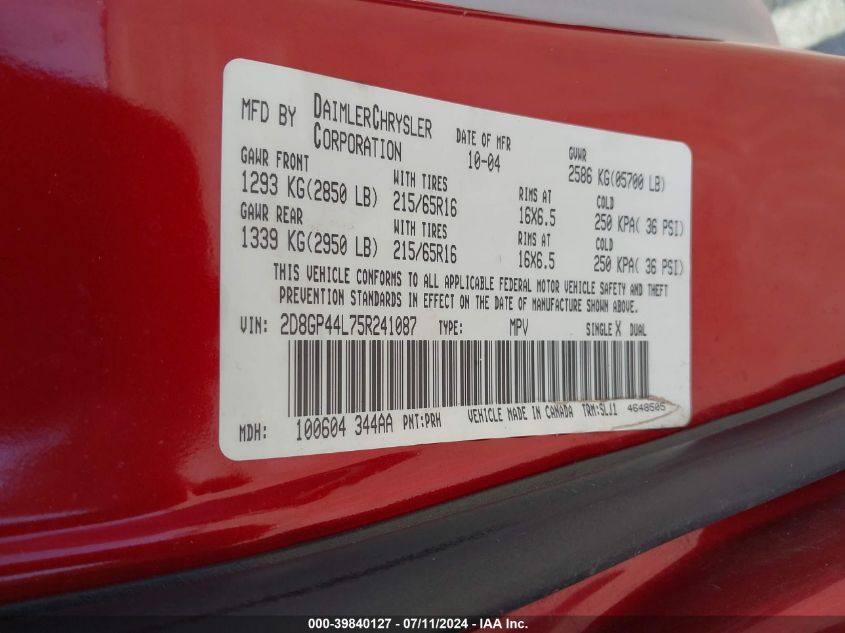 2005 Dodge Grand Caravan Sxt VIN: 2D8GP44L75R241087 Lot: 39840127