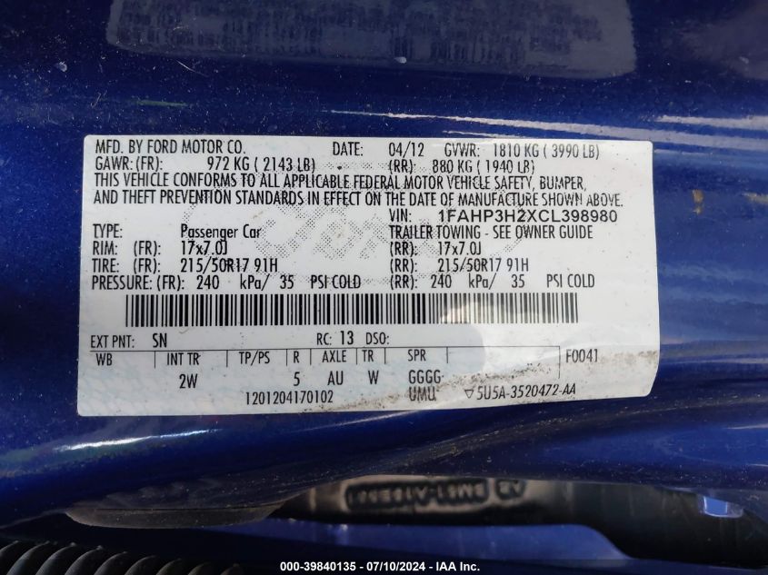 2012 Ford Focus Sel VIN: 1FAHP3H2XCL398980 Lot: 39840135