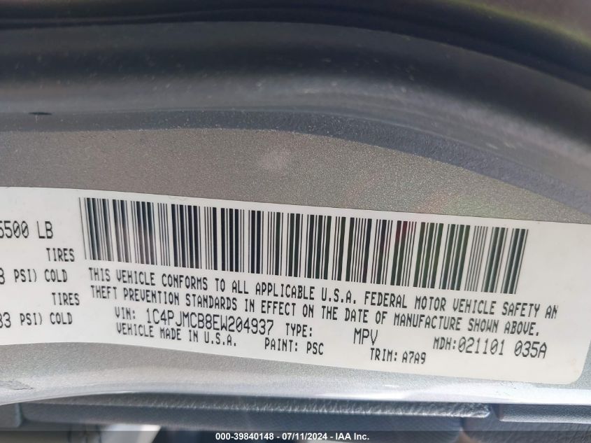 2014 Jeep Cherokee Latitude VIN: 1C4PJMCB8EW204937 Lot: 39840148