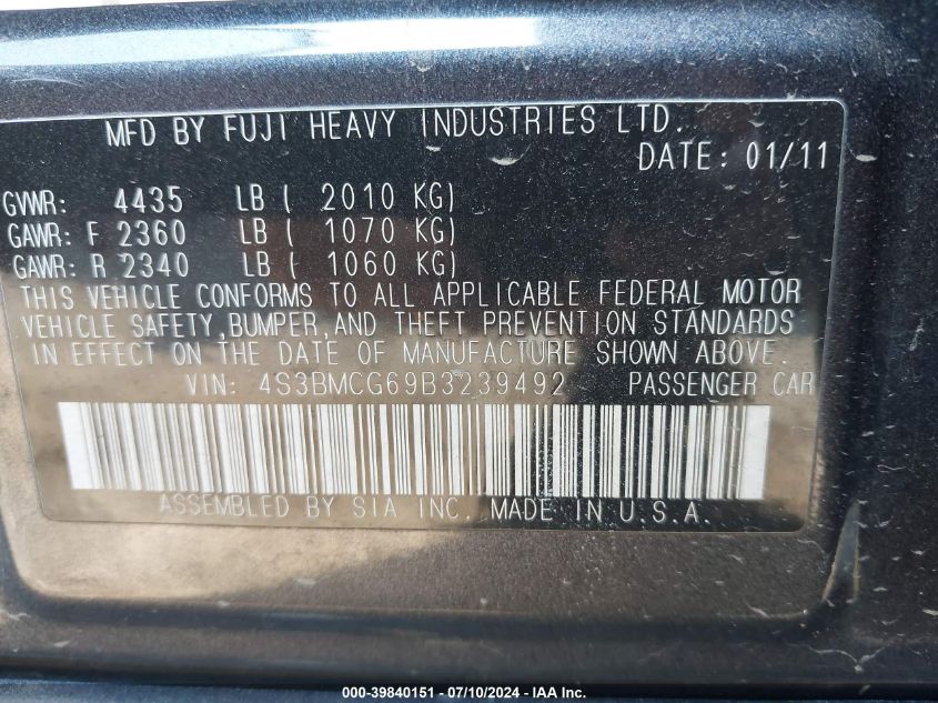 2011 Subaru Legacy 2.5I Premium VIN: 4S3BMCG69B3239492 Lot: 39840151