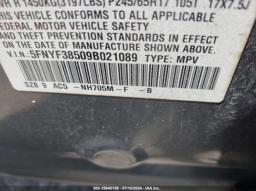 2009 Honda Pilot Exl VIN: 5FNYF38509B021089 Lot: 39840159