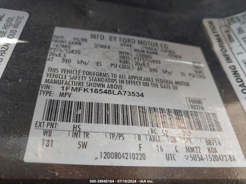 2008 Ford Expedition El El Eddie Bauer VIN: 1FMFK18548LA73534 Lot: 39840164