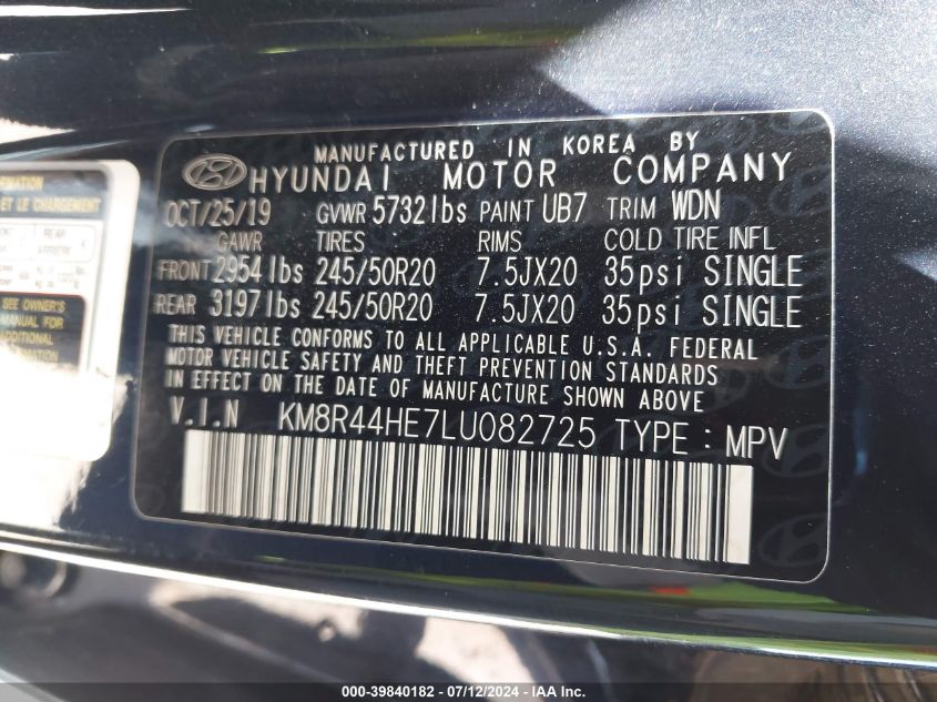 2020 Hyundai Palisade Sel VIN: KM8R44HE7LU082725 Lot: 39840182