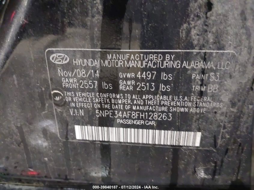 2015 Hyundai Sonata Limited VIN: 5NPE34AF8FH128263 Lot: 39840187