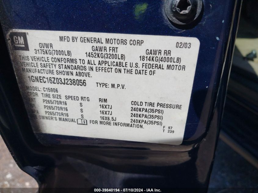 2003 Chevrolet Suburban 1500 Ls VIN: 1GNEC16Z03J238056 Lot: 39840194