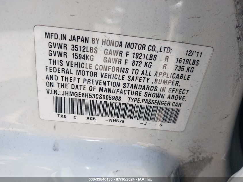 2012 Honda Fit Sport VIN: JHMGE8H53CS005988 Lot: 39840193